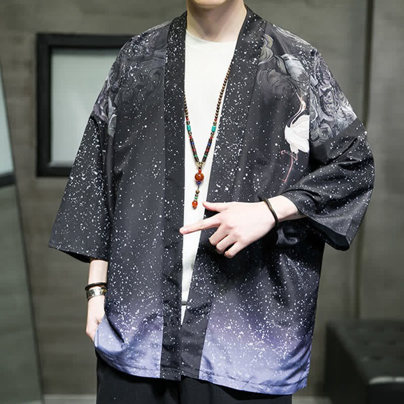 Buddha Stones Letnie, swobodne kimono męskie z nadrukiem w liście lotosu i motyle z motywem żurawia, z otwartym przodem - image 29