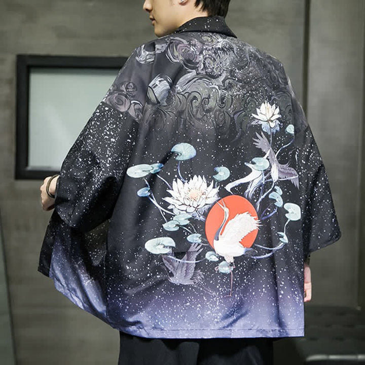Buddha Stones Letnie, swobodne kimono męskie z nadrukiem w liście lotosu i motyle z motywem żurawia, z otwartym przodem - image 26