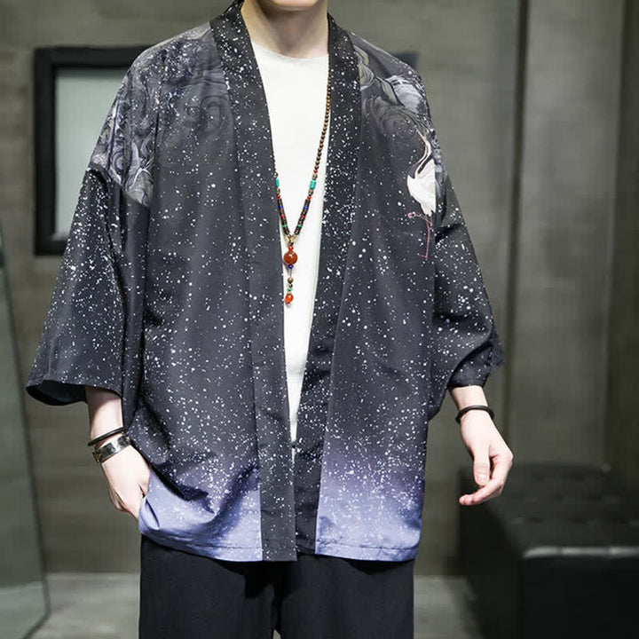 Buddha Stones Letnie, swobodne kimono męskie z nadrukiem w liście lotosu i motyle z motywem żurawia, z otwartym przodem - image 27