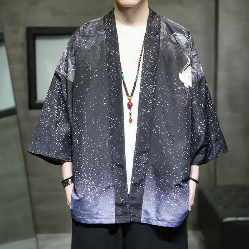 Buddha Stones Letnie, swobodne kimono męskie z nadrukiem w liście lotosu i motyle z motywem żurawia, z otwartym przodem - DarkSlateBlue - US/UK/AU46， EU56 (5XL) - image 24
