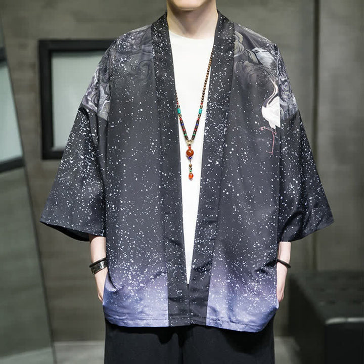 Buddha Stones Letnie, swobodne kimono męskie z nadrukiem w liście lotosu i motyle z motywem żurawia, z otwartym przodem - DarkSlateBlue - US/UK/AU46， EU56 (5XL) - image 24