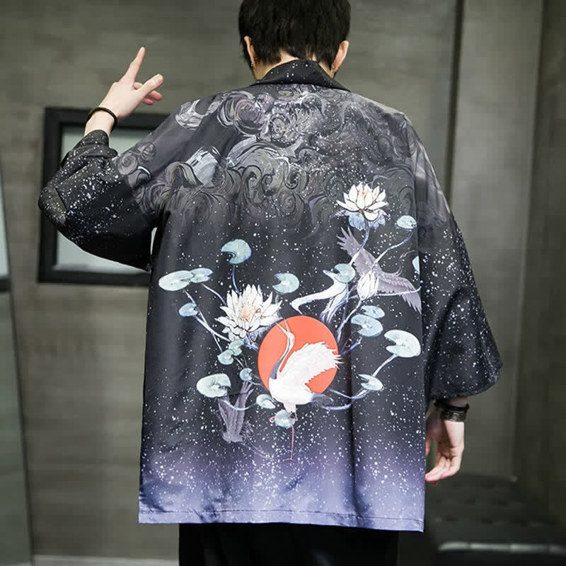 Buddha Stones Letnie, swobodne kimono męskie z nadrukiem w liście lotosu i motyle z motywem żurawia, z otwartym przodem - image 31
