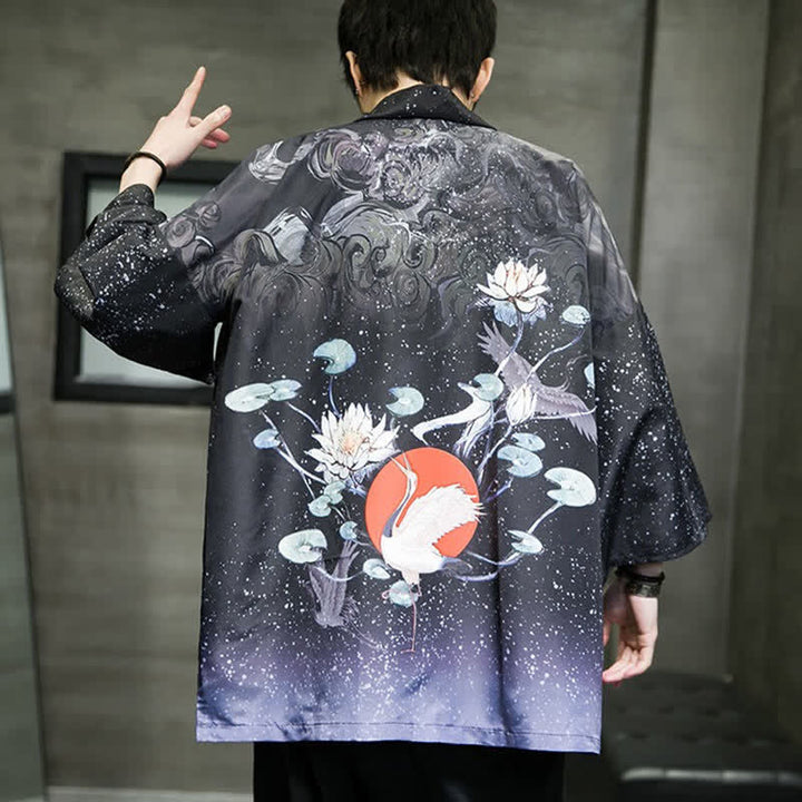 Buddha Stones Letnie, swobodne kimono męskie z nadrukiem w liście lotosu i motyle z motywem żurawia, z otwartym przodem - image 31