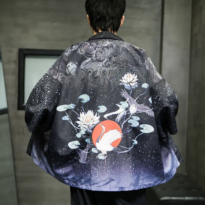 Buddha Stones Letnie, swobodne kimono męskie z nadrukiem w liście lotosu i motyle z motywem żurawia, z otwartym przodem - image 30
