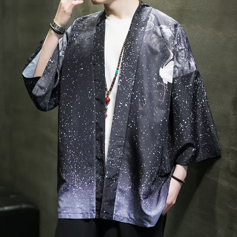 Buddha Stones Letnie, swobodne kimono męskie z nadrukiem w liście lotosu i motyle z motywem żurawia, z otwartym przodem - image 25