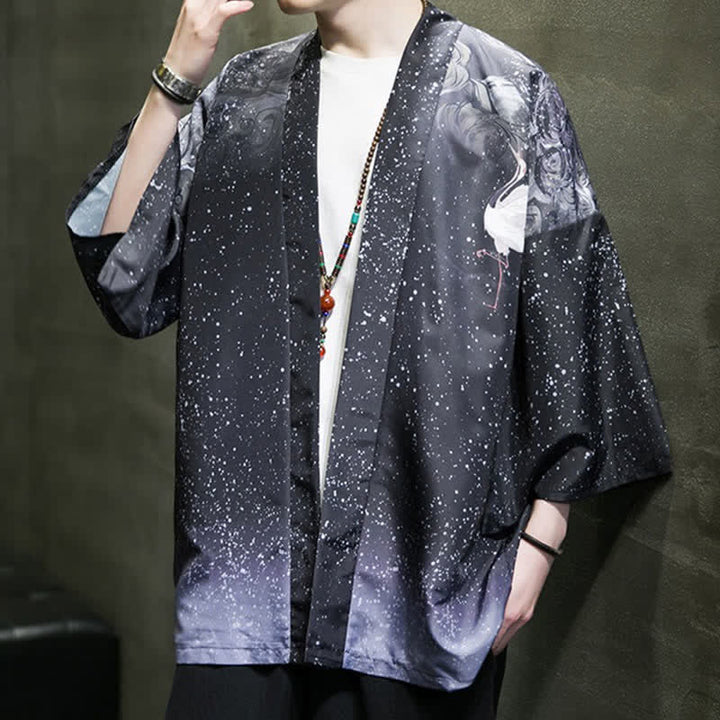 Buddha Stones Letnie, swobodne kimono męskie z nadrukiem w liście lotosu i motyle z motywem żurawia, z otwartym przodem - image 25