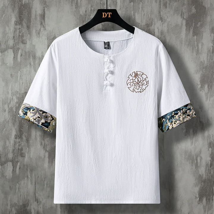 Buddha Stones Letnie, swobodne koszule męskie z krótkim rękawem i haftem kwiatowym w żabie - Biały - US/UK/AU46， EU56 (5XL) - image 0