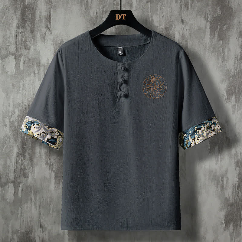 Buddha Stones Letnie, swobodne koszule męskie z krótkim rękawem i haftem kwiatowym w żabie - DimGray - US/UK/AU46， EU56 (5XL) - image 10