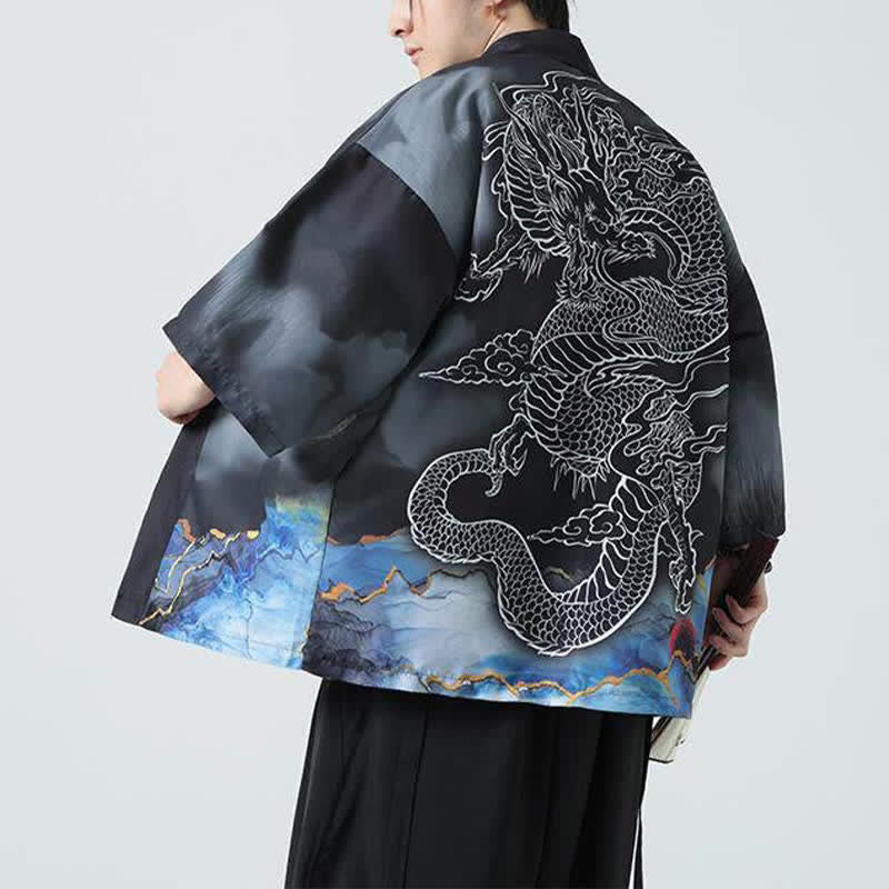Buddha Stones Letnie, swobodne, męskie kimono z odkrytym przodem Dragon Mountains - image 3