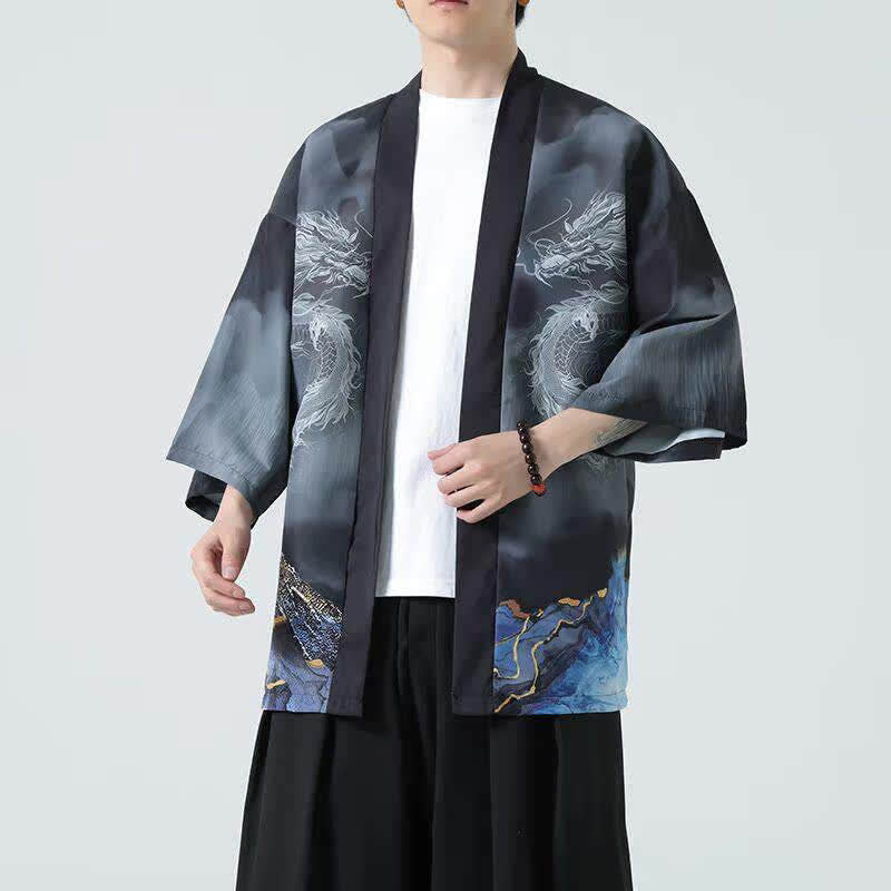 Buddha Stones Letnie, swobodne, męskie kimono z odkrytym przodem Dragon Mountains - Czarny - US/UK/AU46， EU56 (5XL) - image 0