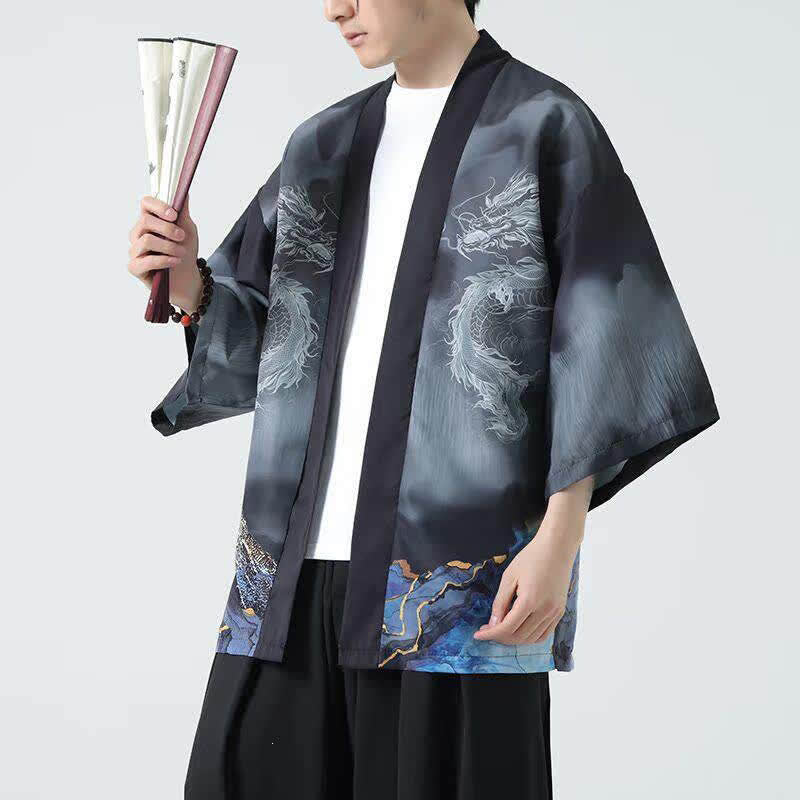 Buddha Stones Letnie, swobodne, męskie kimono z odkrytym przodem Dragon Mountains - image 1