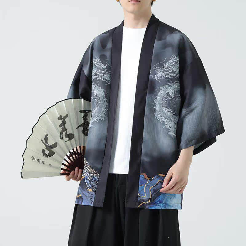 Buddha Stones Letnie, swobodne, męskie kimono z odkrytym przodem Dragon Mountains - image 2