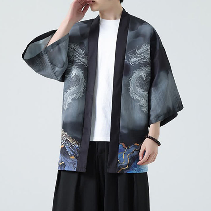 Buddha Stones Letnie, swobodne, męskie kimono z odkrytym przodem Dragon Mountains - image 4