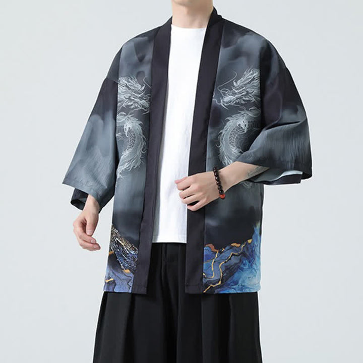 Buddha Stones Letnie, swobodne, męskie kimono z odkrytym przodem Dragon Mountains - image 5