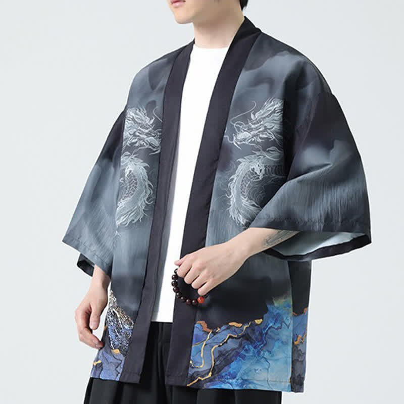 Buddha Stones Letnie, swobodne, męskie kimono z odkrytym przodem Dragon Mountains - image 6