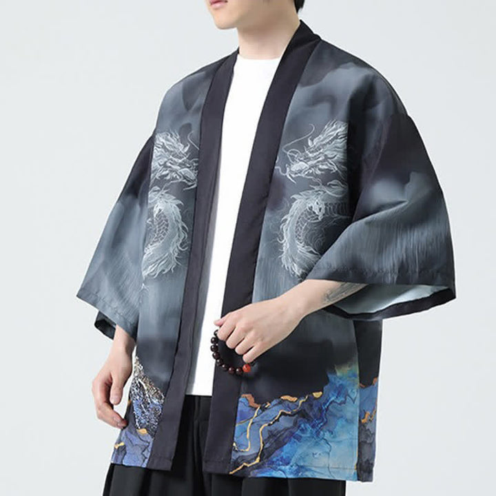 Buddha Stones Letnie, swobodne, męskie kimono z odkrytym przodem Dragon Mountains - image 6