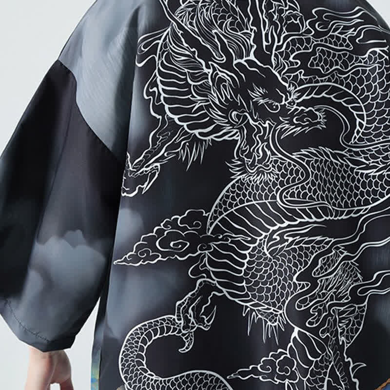 Buddha Stones Letnie, swobodne, męskie kimono z odkrytym przodem Dragon Mountains - image 12