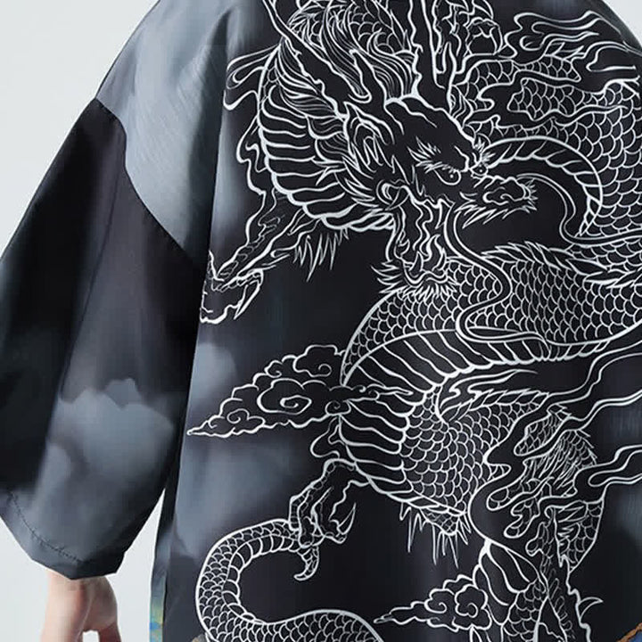 Buddha Stones Letnie, swobodne, męskie kimono z odkrytym przodem Dragon Mountains - image 12
