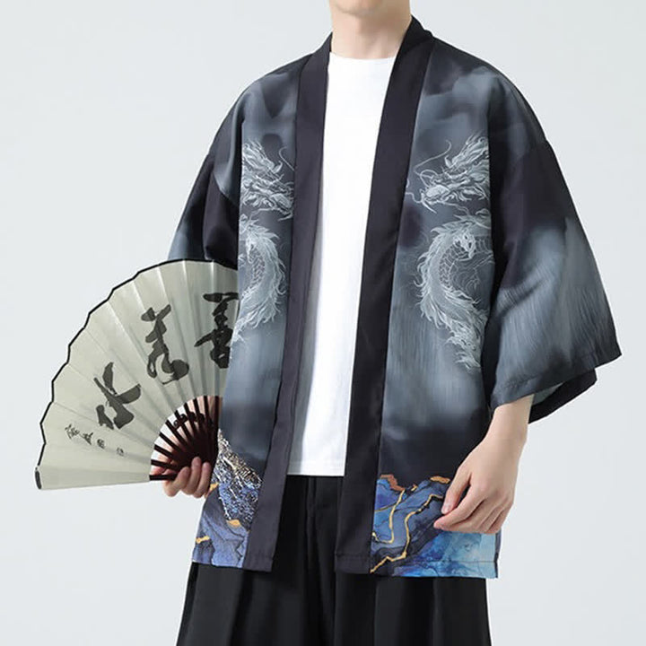 Buddha Stones Letnie, swobodne, męskie kimono z odkrytym przodem Dragon Mountains - image 8