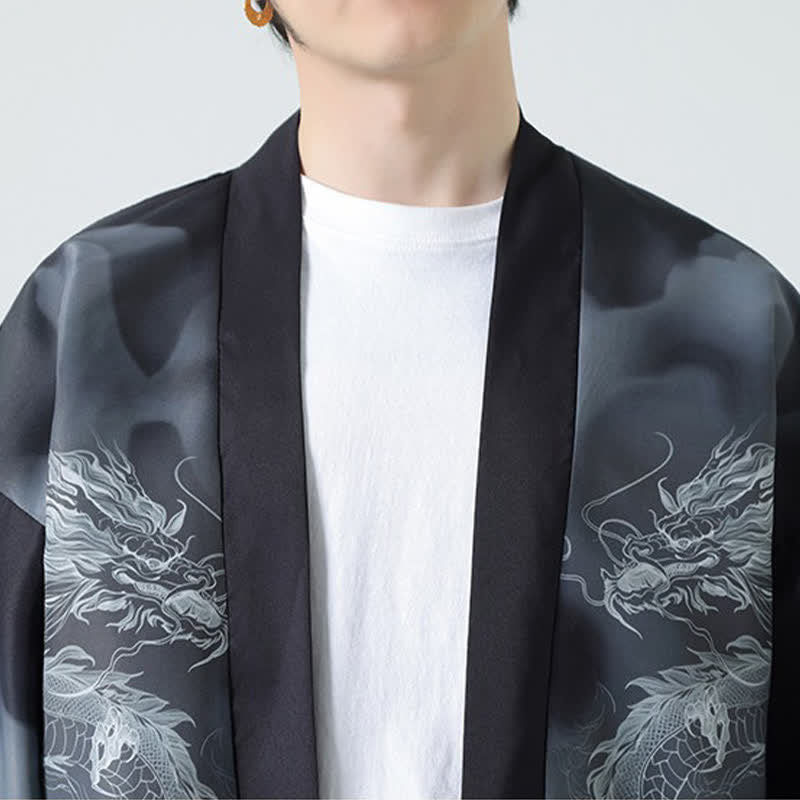 Buddha Stones Letnie, swobodne, męskie kimono z odkrytym przodem Dragon Mountains - image 10