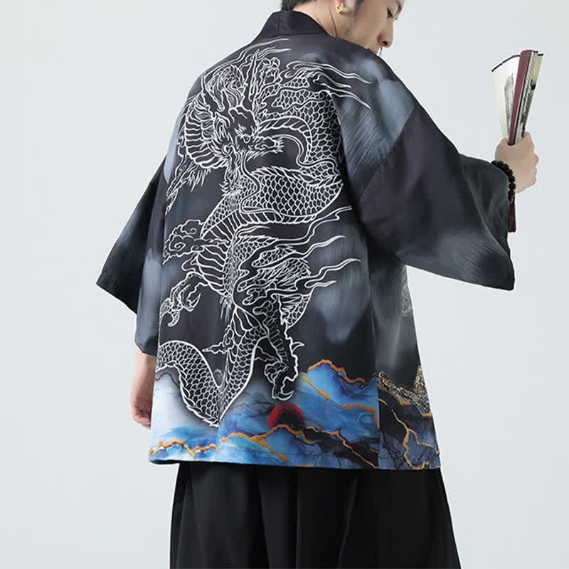 Buddha Stones Letnie, swobodne, męskie kimono z odkrytym przodem Dragon Mountains - image 9