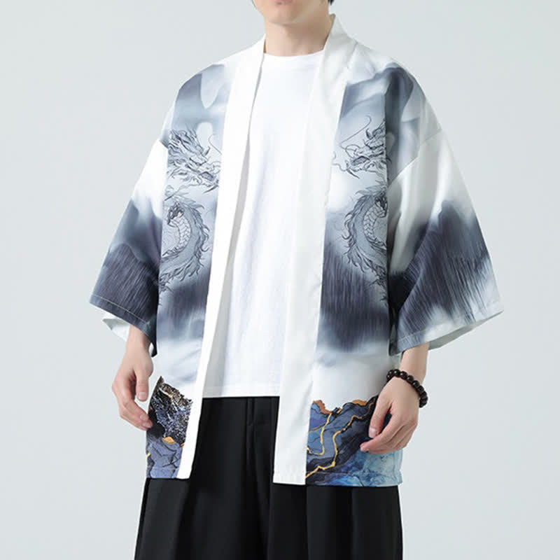 Buddha Stones Letnie, swobodne, męskie kimono z odkrytym przodem Dragon Mountains - Biały Dym - US/UK/AU46， EU56 (5XL) - image 13