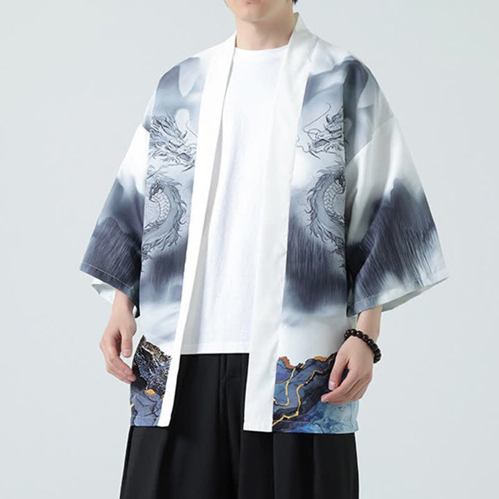 Buddha Stones Letnie, swobodne, męskie kimono z odkrytym przodem Dragon Mountains - Biały Dym - US/UK/AU46， EU56 (5XL) - image 13