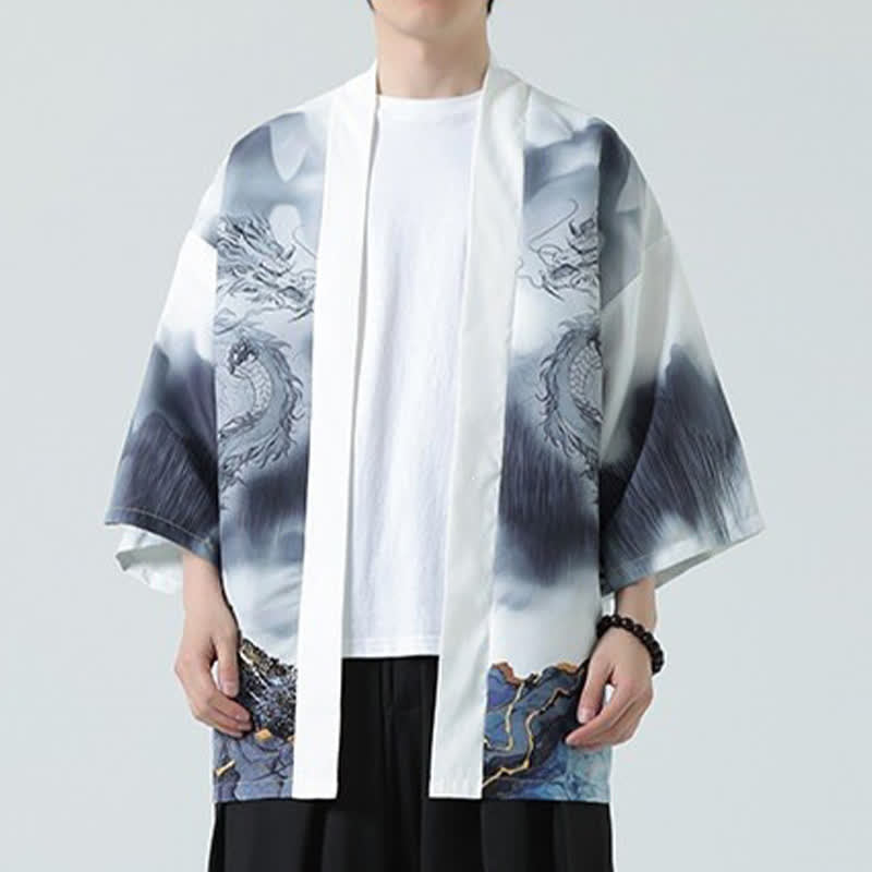Buddha Stones Letnie, swobodne, męskie kimono z odkrytym przodem Dragon Mountains - image 15