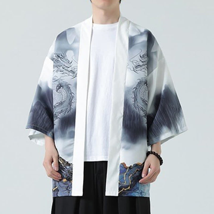 Buddha Stones Letnie, swobodne, męskie kimono z odkrytym przodem Dragon Mountains - image 15