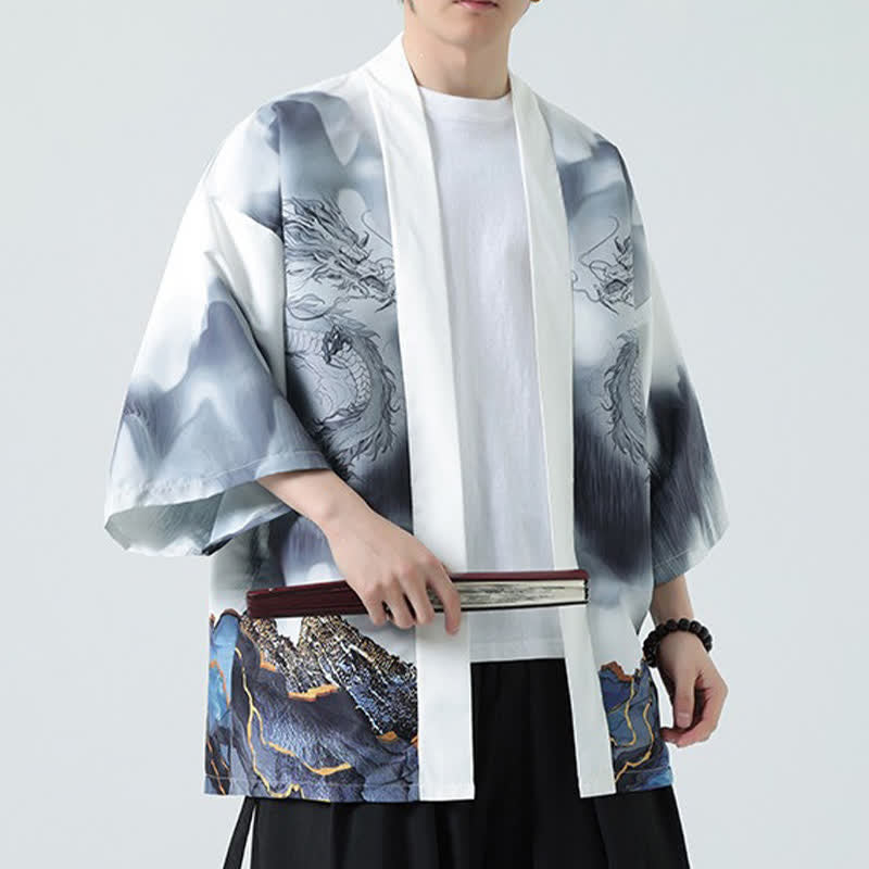 Buddha Stones Letnie, swobodne, męskie kimono z odkrytym przodem Dragon Mountains - image 18