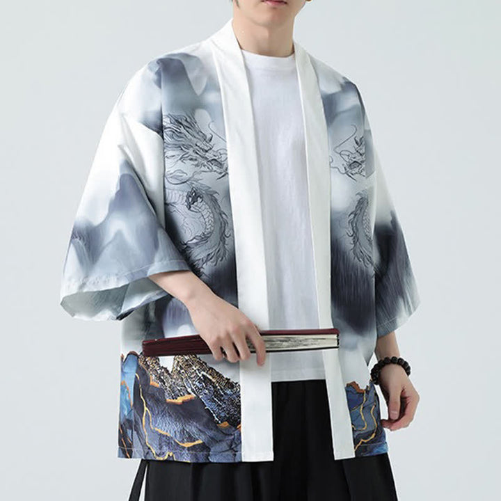 Buddha Stones Letnie, swobodne, męskie kimono z odkrytym przodem Dragon Mountains - image 18