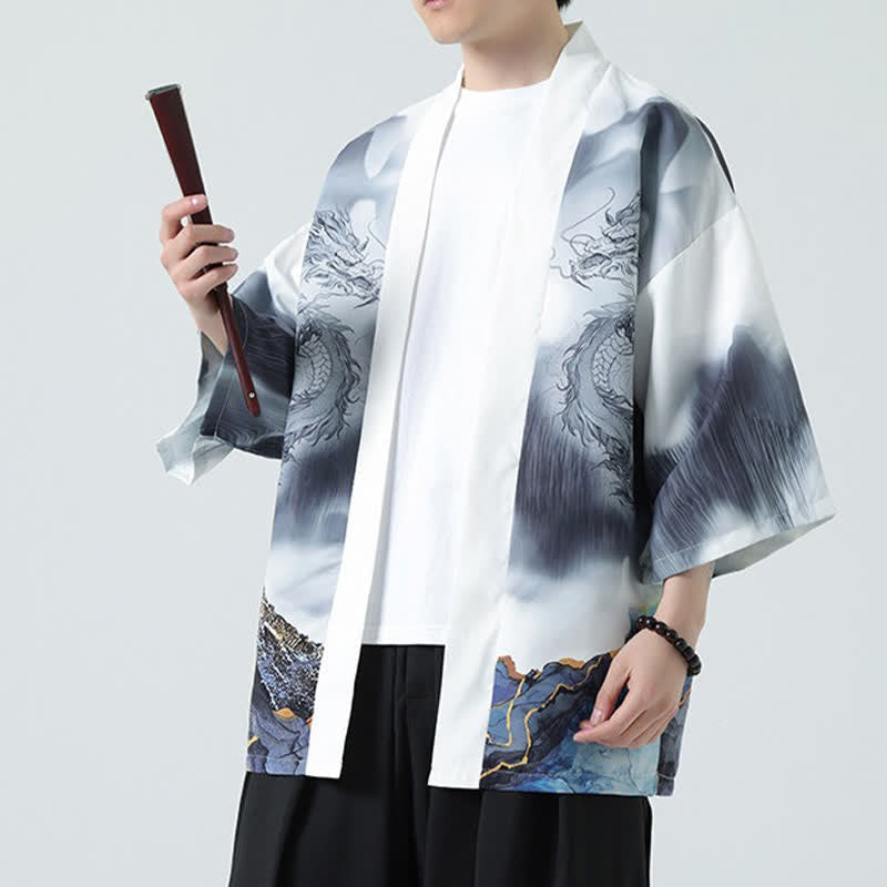 Buddha Stones Letnie, swobodne, męskie kimono z odkrytym przodem Dragon Mountains - image 16