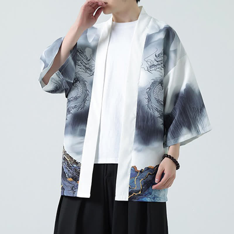Buddha Stones Letnie, swobodne, męskie kimono z odkrytym przodem Dragon Mountains - image 14