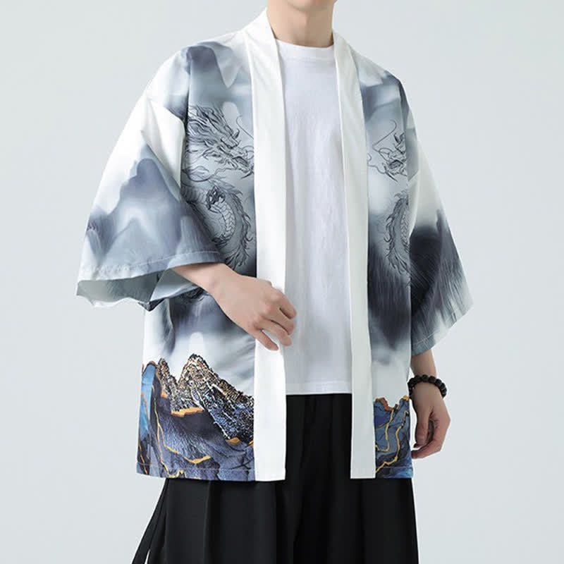 Buddha Stones Letnie, swobodne, męskie kimono z odkrytym przodem Dragon Mountains - image 19