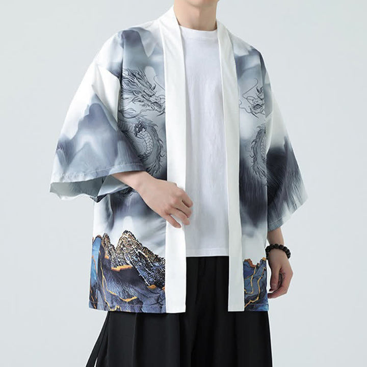 Buddha Stones Letnie, swobodne, męskie kimono z odkrytym przodem Dragon Mountains - image 19