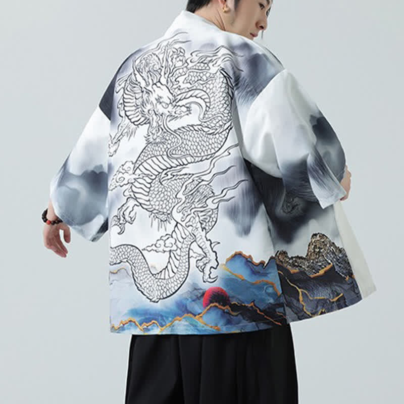 Buddha Stones Letnie, swobodne, męskie kimono z odkrytym przodem Dragon Mountains - image 20