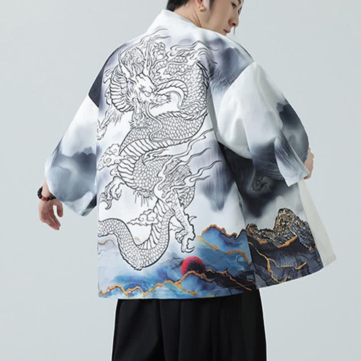 Buddha Stones Letnie, swobodne, męskie kimono z odkrytym przodem Dragon Mountains - image 20