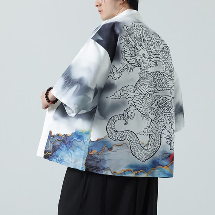 Buddha Stones Letnie, swobodne, męskie kimono z odkrytym przodem Dragon Mountains - image 17