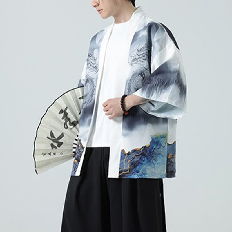 Buddha Stones Letnie, swobodne, męskie kimono z odkrytym przodem Dragon Mountains - image 21