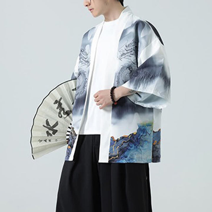 Buddha Stones Letnie, swobodne, męskie kimono z odkrytym przodem Dragon Mountains - image 21