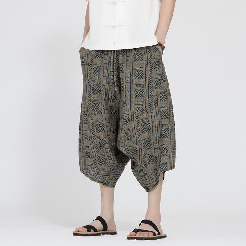 Buddha Stones Letnie spodnie capri w stylu boho casual z elastyczną talią i geometrycznym kwiatowym wzorem, męskie spodnie haremowe - Dębnik - US/UK/AU46， EU56 (5XL) - image 0