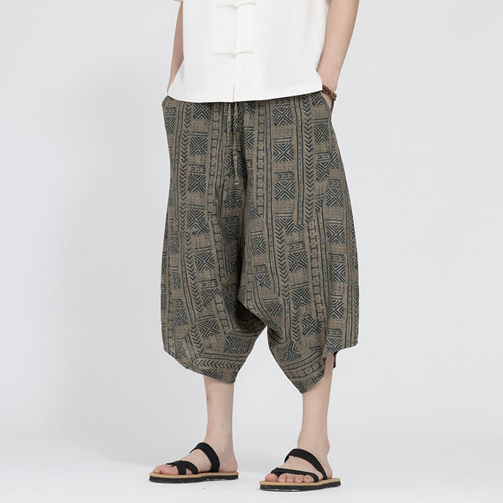 Buddha Stones Letnie spodnie capri w stylu boho casual z elastyczną talią i geometrycznym kwiatowym wzorem, męskie spodnie haremowe - Dębnik - US/UK/AU46， EU56 (5XL) - image 0