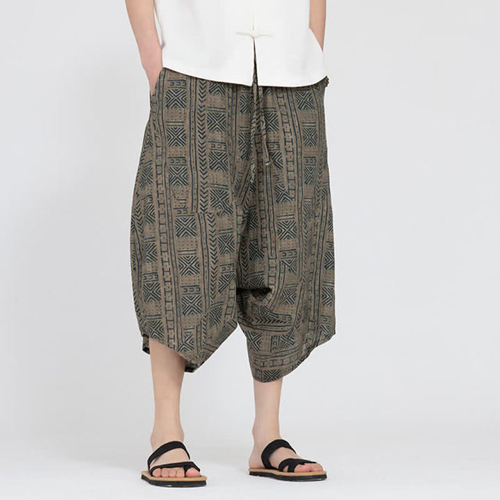 Buddha Stones Letnie spodnie capri w stylu boho casual z elastyczną talią i geometrycznym kwiatowym wzorem, męskie spodnie haremowe - image 6