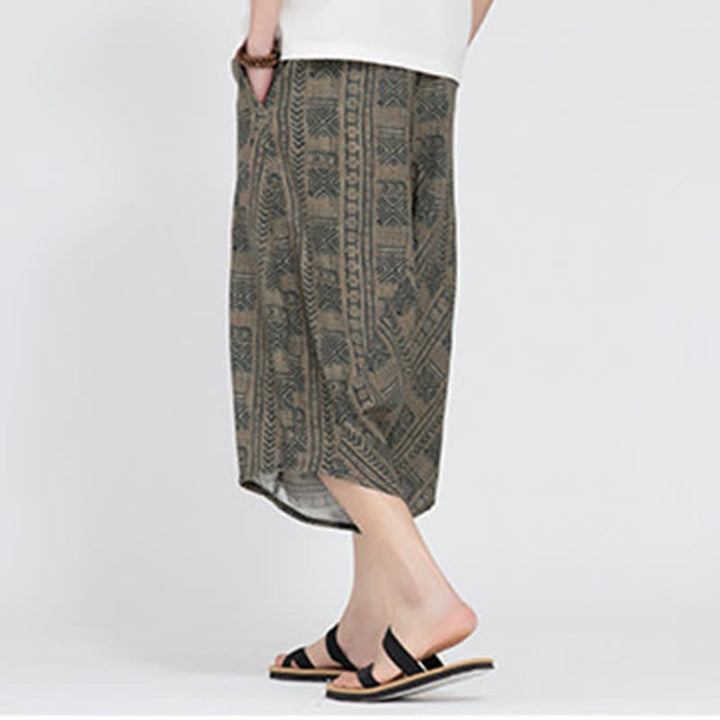 Buddha Stones Letnie spodnie capri w stylu boho casual z elastyczną talią i geometrycznym kwiatowym wzorem, męskie spodnie haremowe - image 3