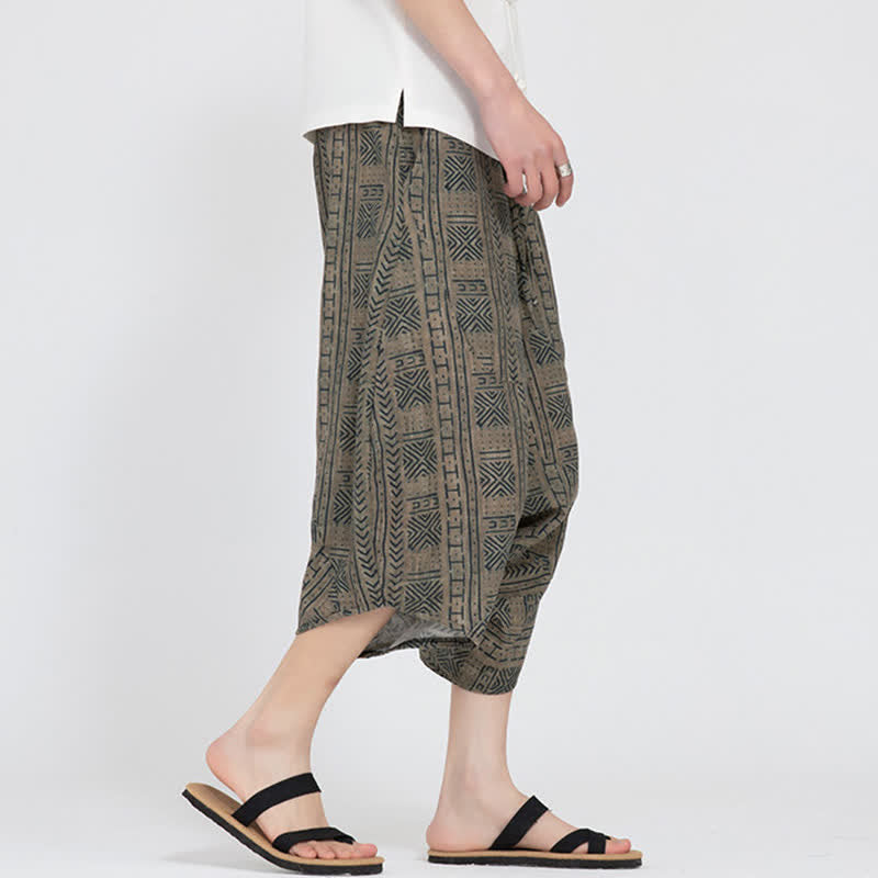 Buddha Stones Letnie spodnie capri w stylu boho casual z elastyczną talią i geometrycznym kwiatowym wzorem, męskie spodnie haremowe - image 2