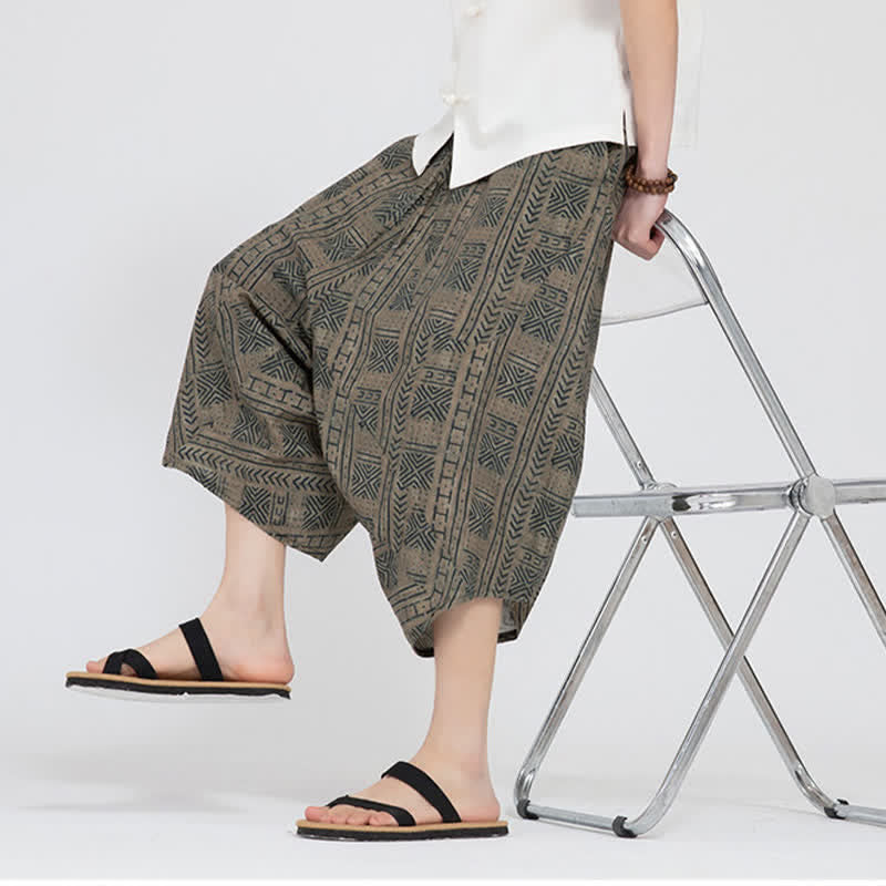 Buddha Stones Letnie spodnie capri w stylu boho casual z elastyczną talią i geometrycznym kwiatowym wzorem, męskie spodnie haremowe - image 9