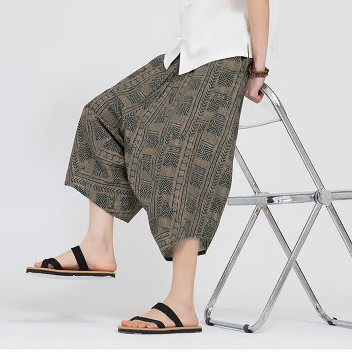Buddha Stones Letnie spodnie capri w stylu boho casual z elastyczną talią i geometrycznym kwiatowym wzorem, męskie spodnie haremowe - image 9