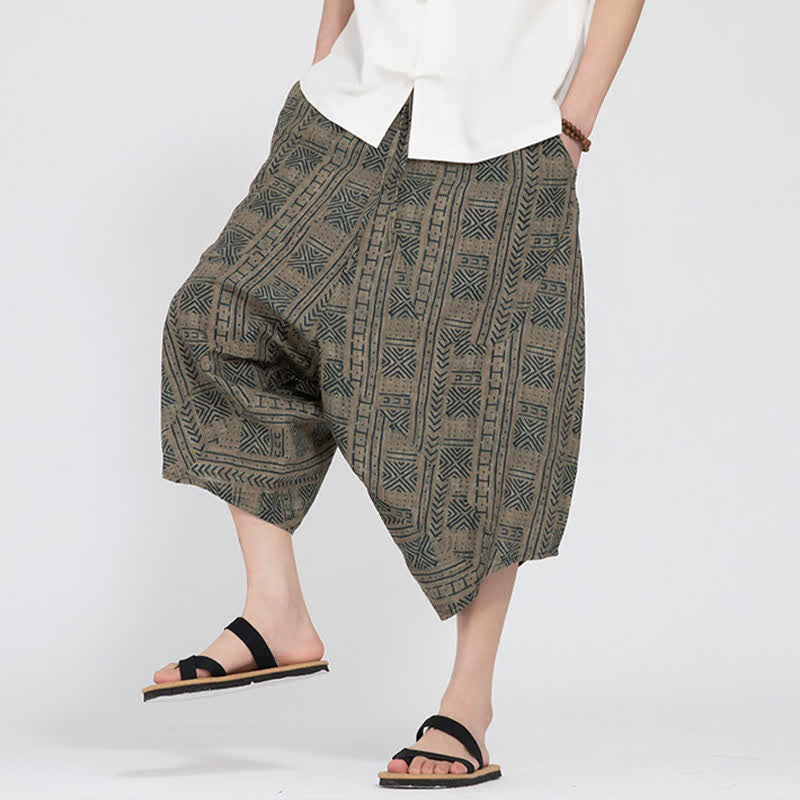 Buddha Stones Letnie spodnie capri w stylu boho casual z elastyczną talią i geometrycznym kwiatowym wzorem, męskie spodnie haremowe - image 7