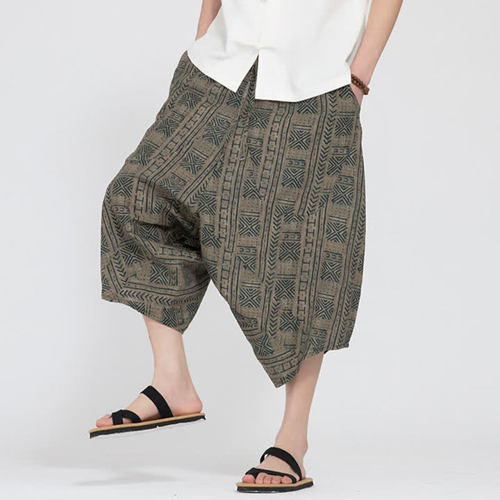 Buddha Stones Letnie spodnie capri w stylu boho casual z elastyczną talią i geometrycznym kwiatowym wzorem, męskie spodnie haremowe - image 7