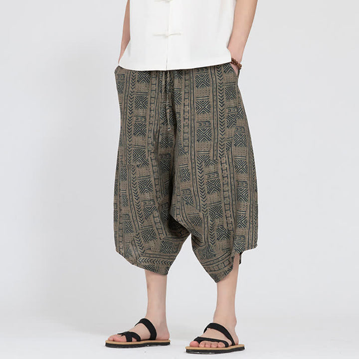 Buddha Stones Letnie spodnie capri w stylu boho casual z elastyczną talią i geometrycznym kwiatowym wzorem, męskie spodnie haremowe - image 5